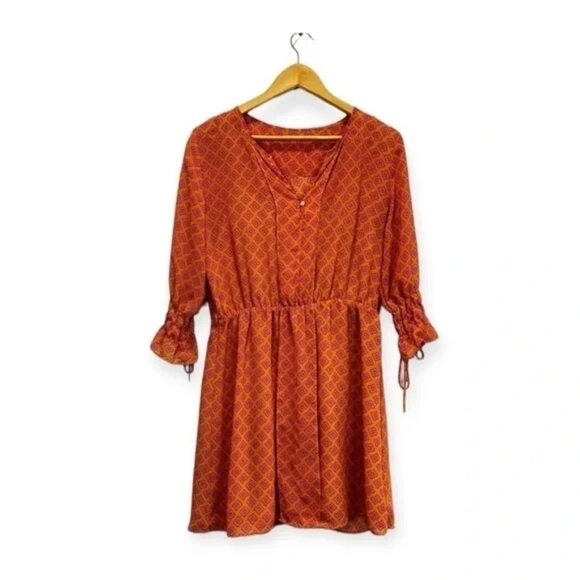 Umgee Pink & Orange Patterned Print Dolman Sleeve Dress Size L - Picture 1 of 7